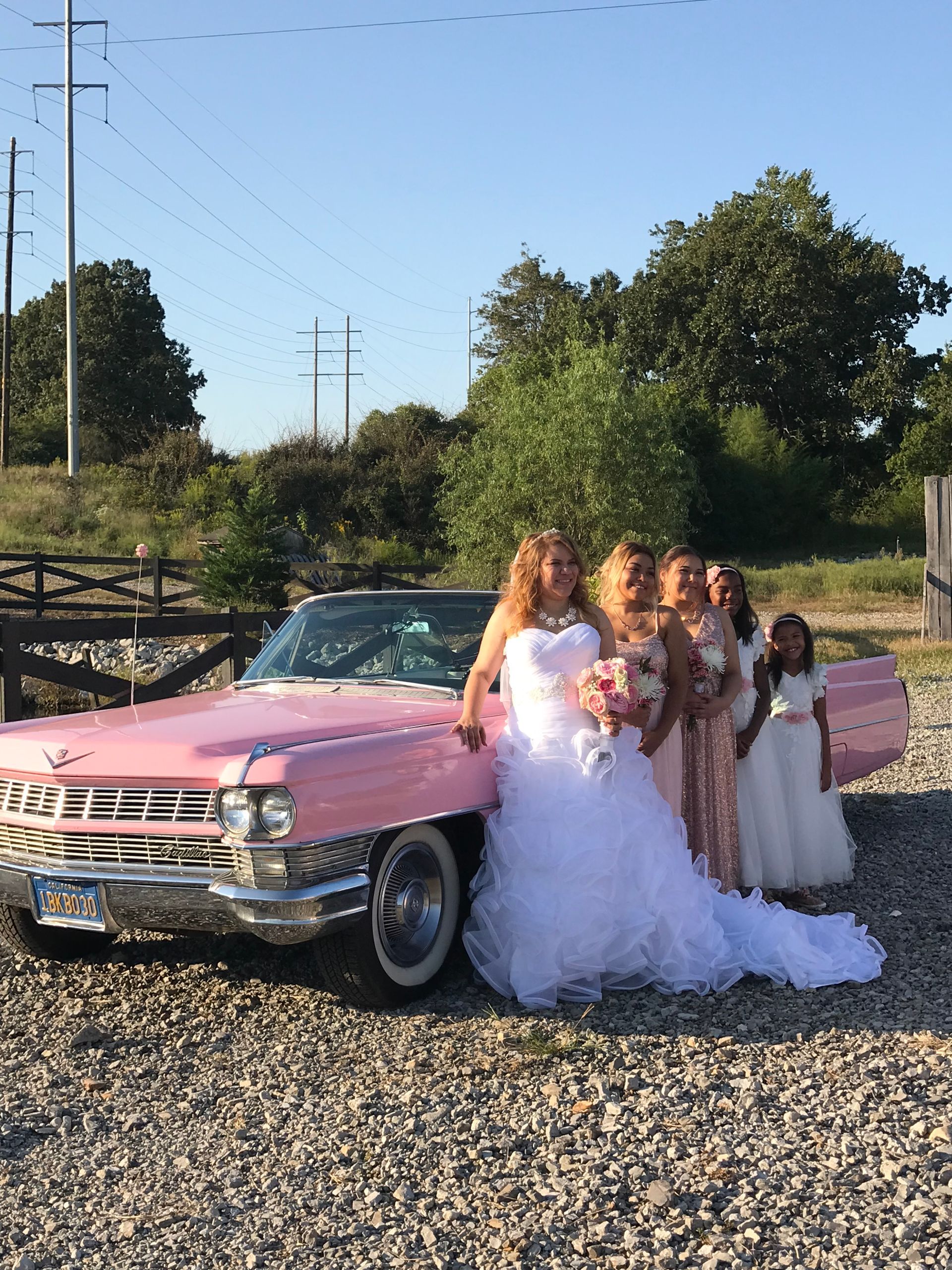 bride and bridesmaids with pink car