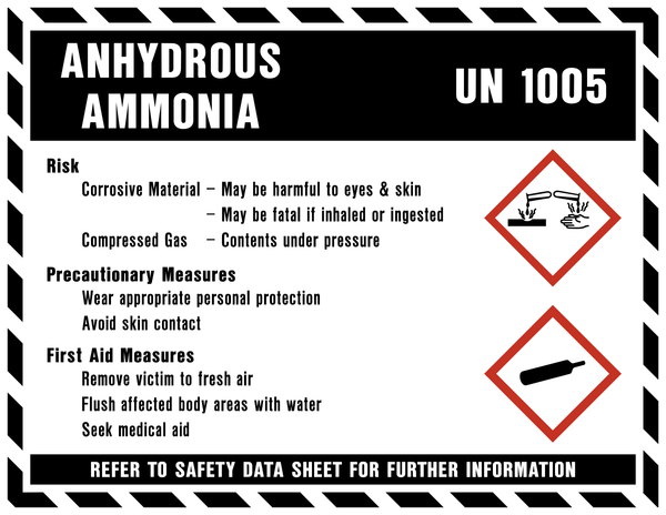 A warning sign for anhydrous ammonia un 1005