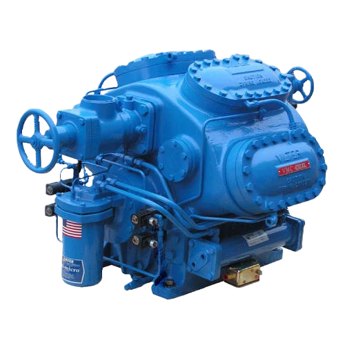 A blue compressor with a steering wheel on a white background.