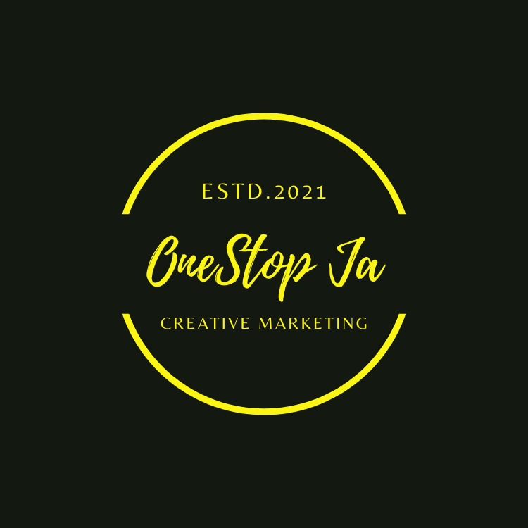 The logo for one stop ja creative marketing is yellow on a black background.