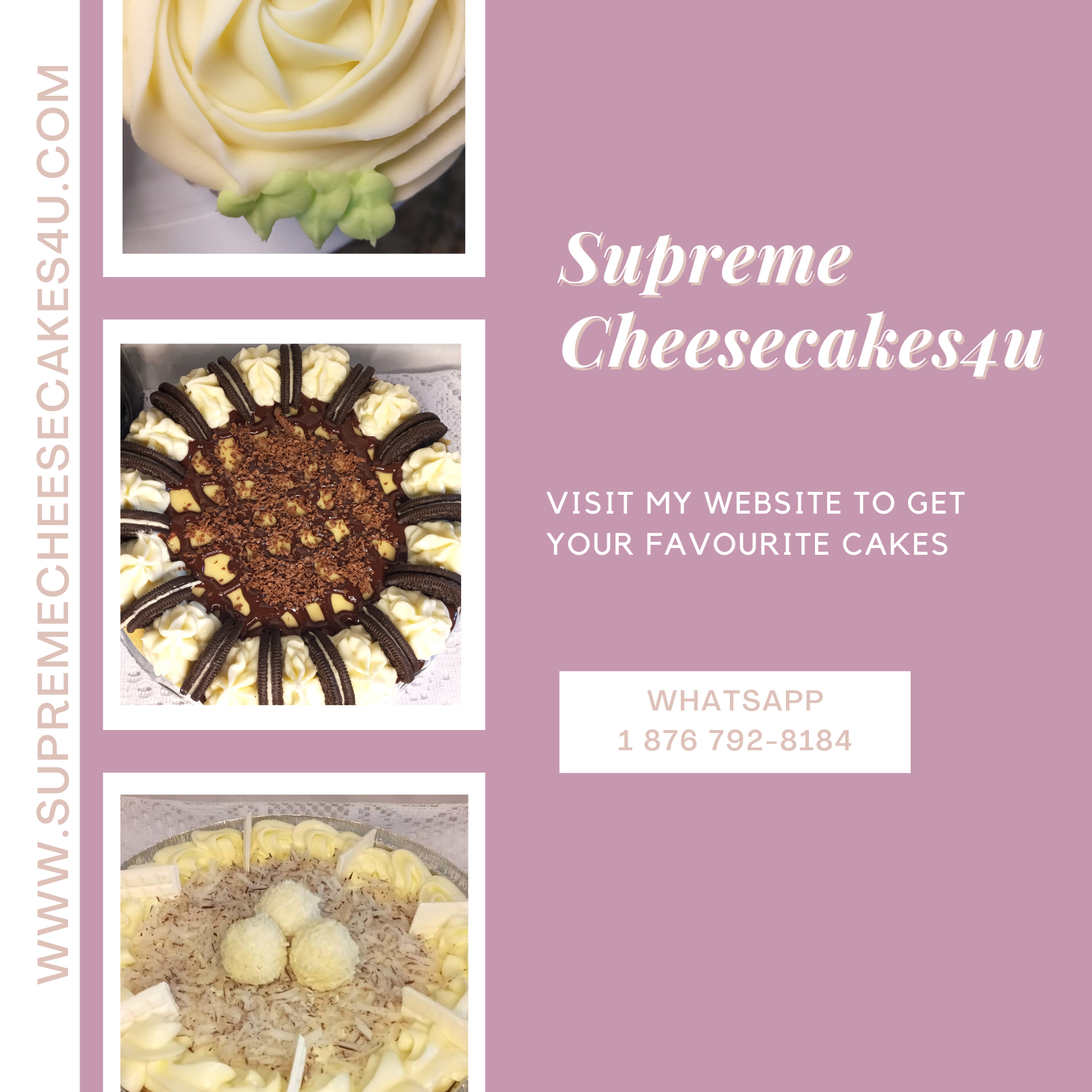 A collage of pictures of cakes with the words `` visit my website to get your favourite cakes ''.