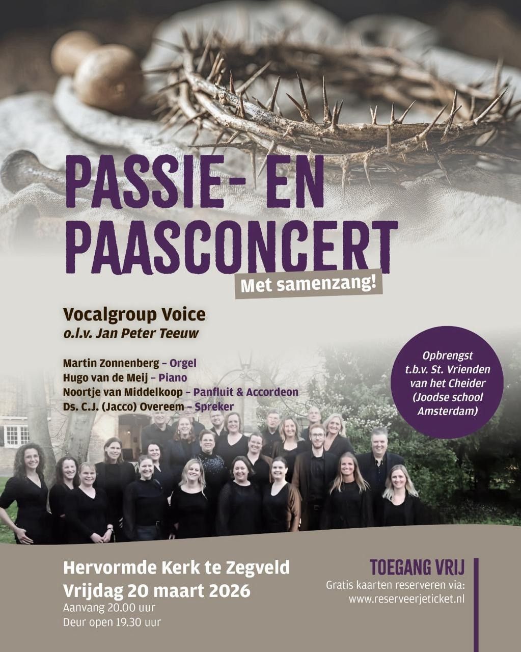 Poster voor een Passie- en Paasconcert in Zegveld met een koor. De tekst bevat de datum en 
