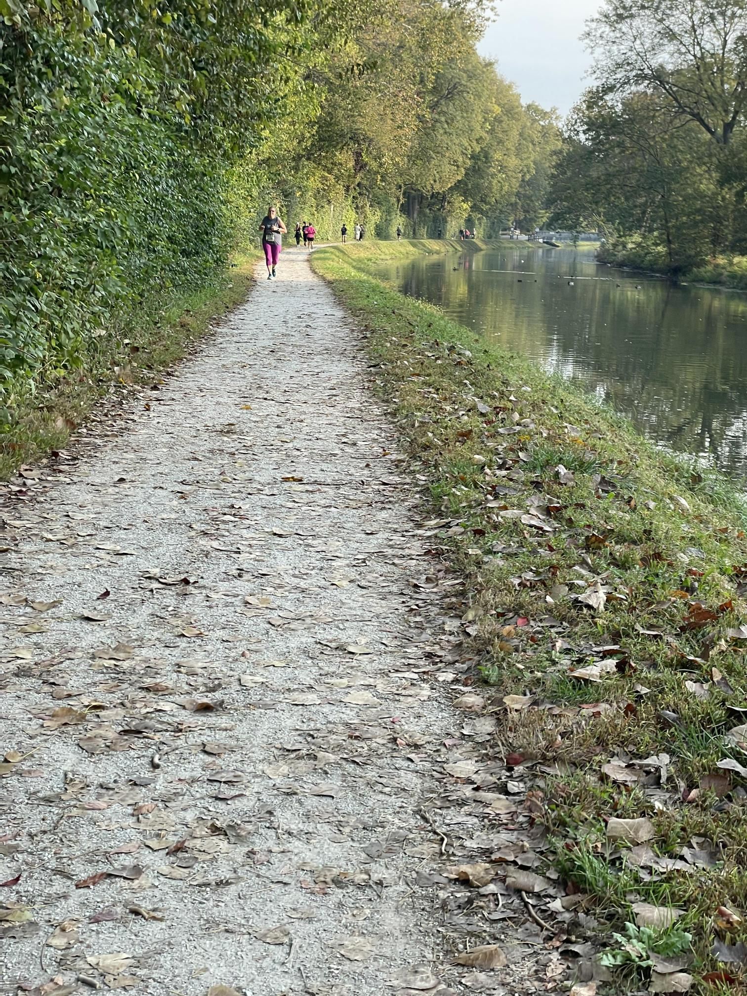 A person is walking down a path next to a river.