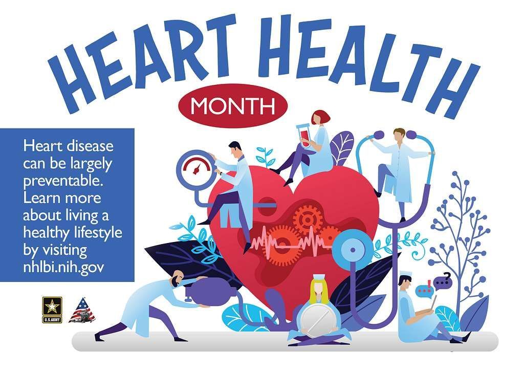Promotional graphic for Heart Health Month. Doctors surround a heart, checking equipment. Text: