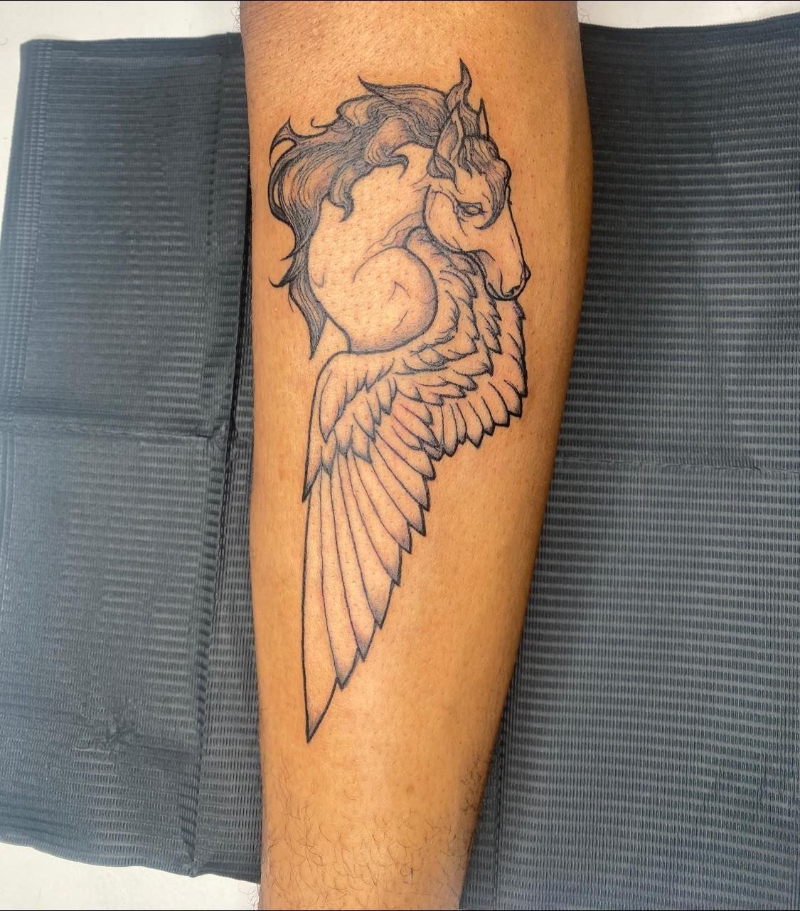 A tattoo of a horse with wings on the leg