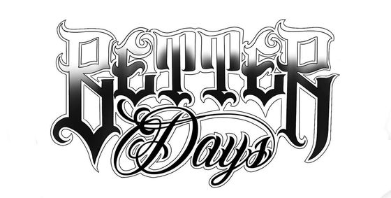 A black and white image of a tattoo of the word days