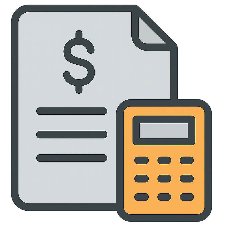 Invoice document and calculator, financial calculations and billing.