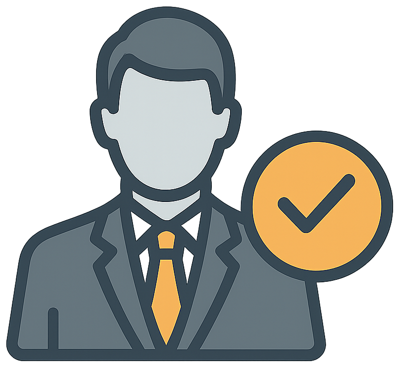 Businessman with suit, tie, and checkmark badge.