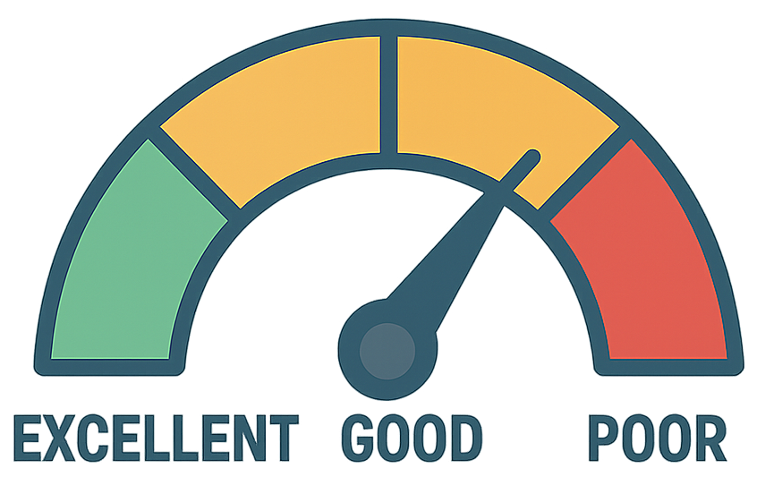Credit score gauge showing a needle pointing to
