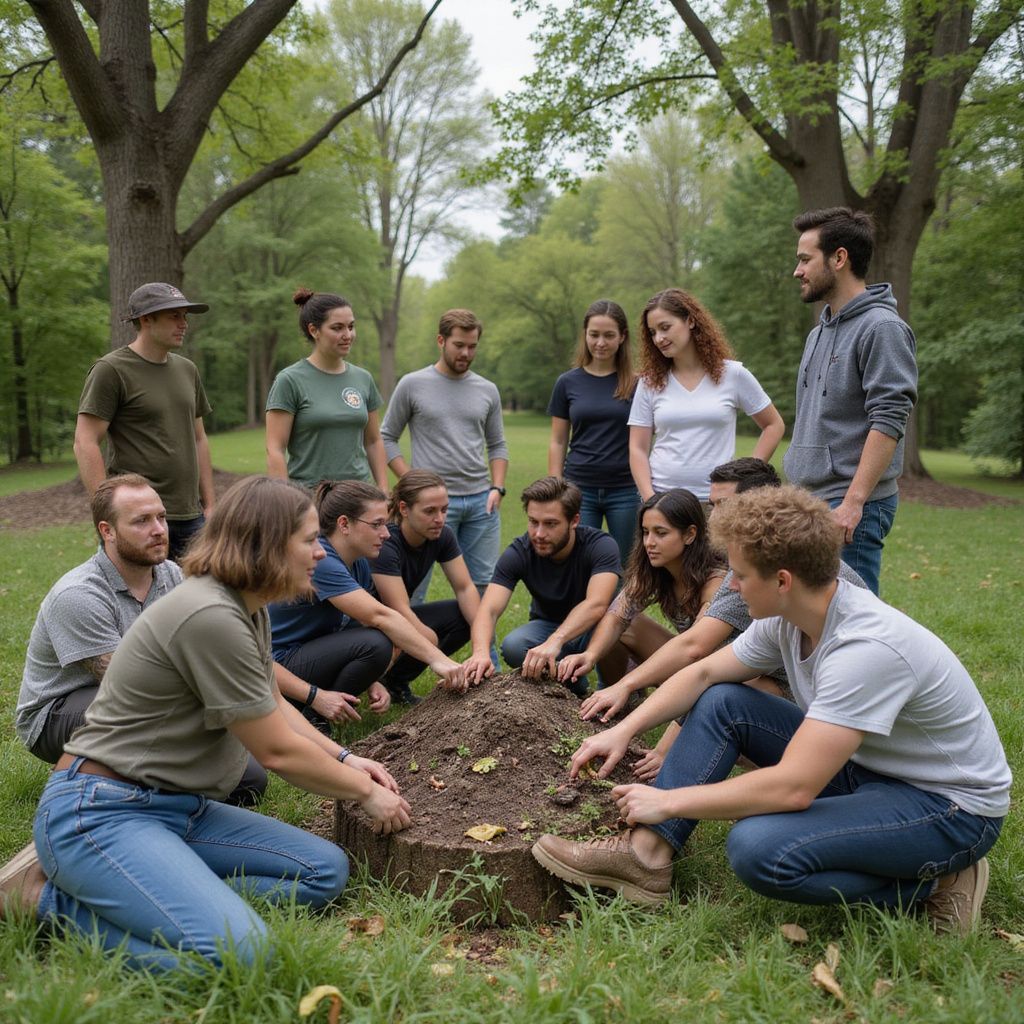 Group of people gathered around a tree stump in a park, touching the soil and plants.