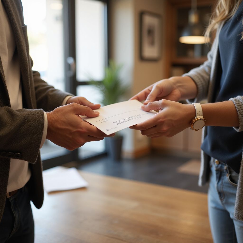Person hands a check to another person indoors, over a wooden desk.