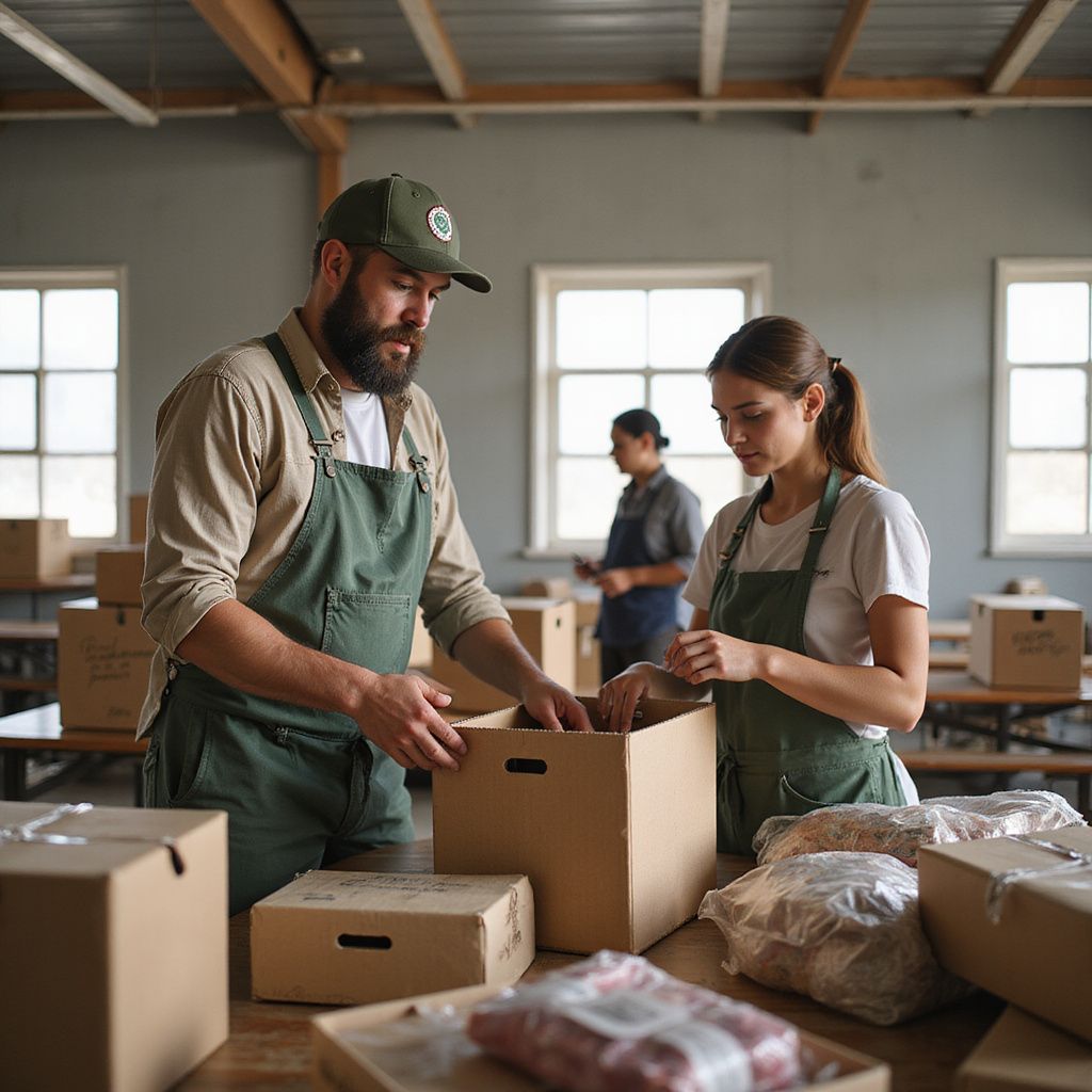 Two people packing boxes in a warehouse, wearing aprons. Another person works in the background. Boxes and tables.