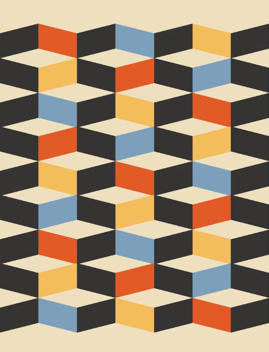 Abstract pattern of 3D blocks in shades of orange, blue, yellow, black, and cream.