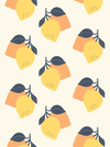 Yellow lemons and orange halves with dark leaves on a cream background.