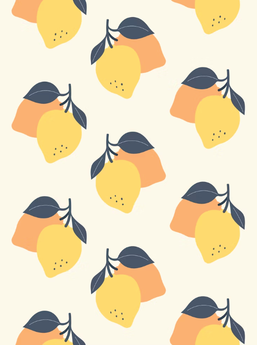 Yellow lemons and orange halves with dark leaves on a cream background.