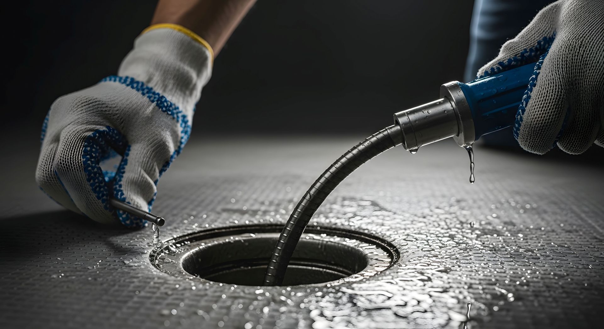 Gloved hands using a drain snake to clear a wet floor drain.