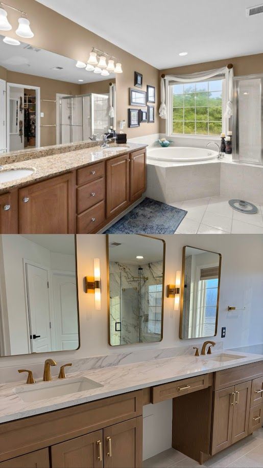 Large master bathroom in Westminster with freestanding tub, heated floors, double vanity with makeup space, large shower tile, brushed gold mirrors, and sconces