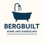 A logo for bergbuilt home and hardscape with a bathtub and shower head.