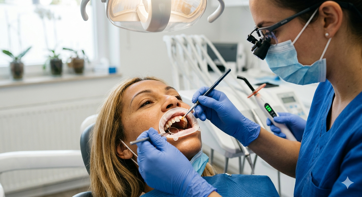 Dentist and patient during a dental exam, with blue gloves and mask in a bright clinic