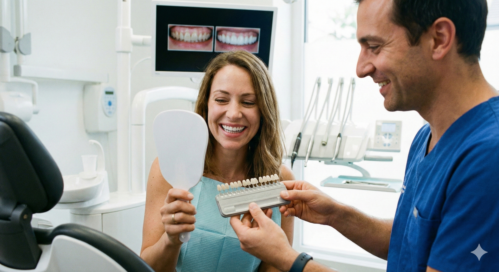 Woman smiles, looking at teeth shade guide with dentist in dental office.