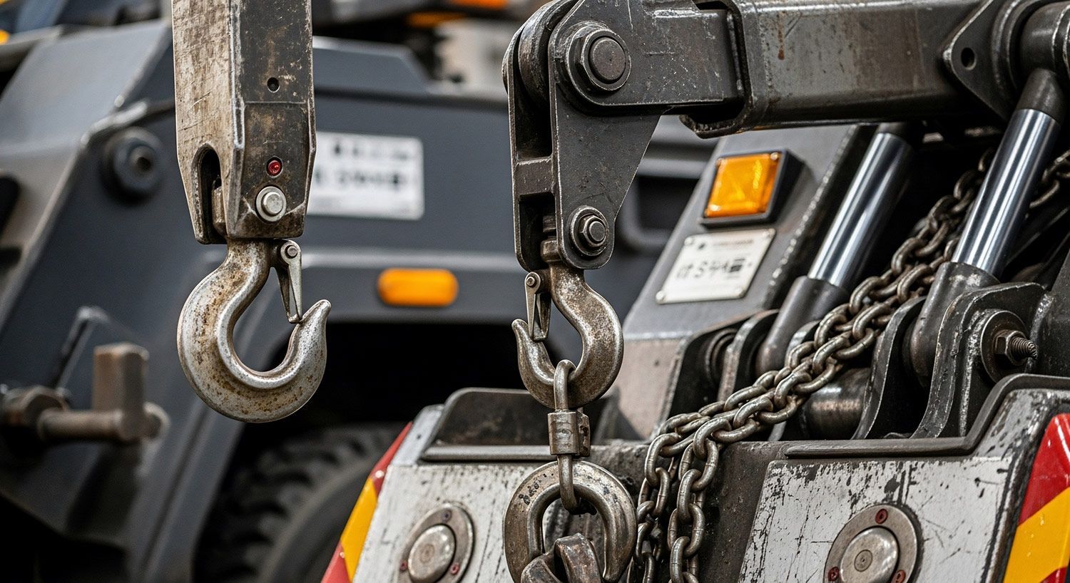 Close-up of industrial hooks and chains used for professional heavy machinery towing services. Close-up of industrial hooks and chains used for professional heavy machinery towing services.