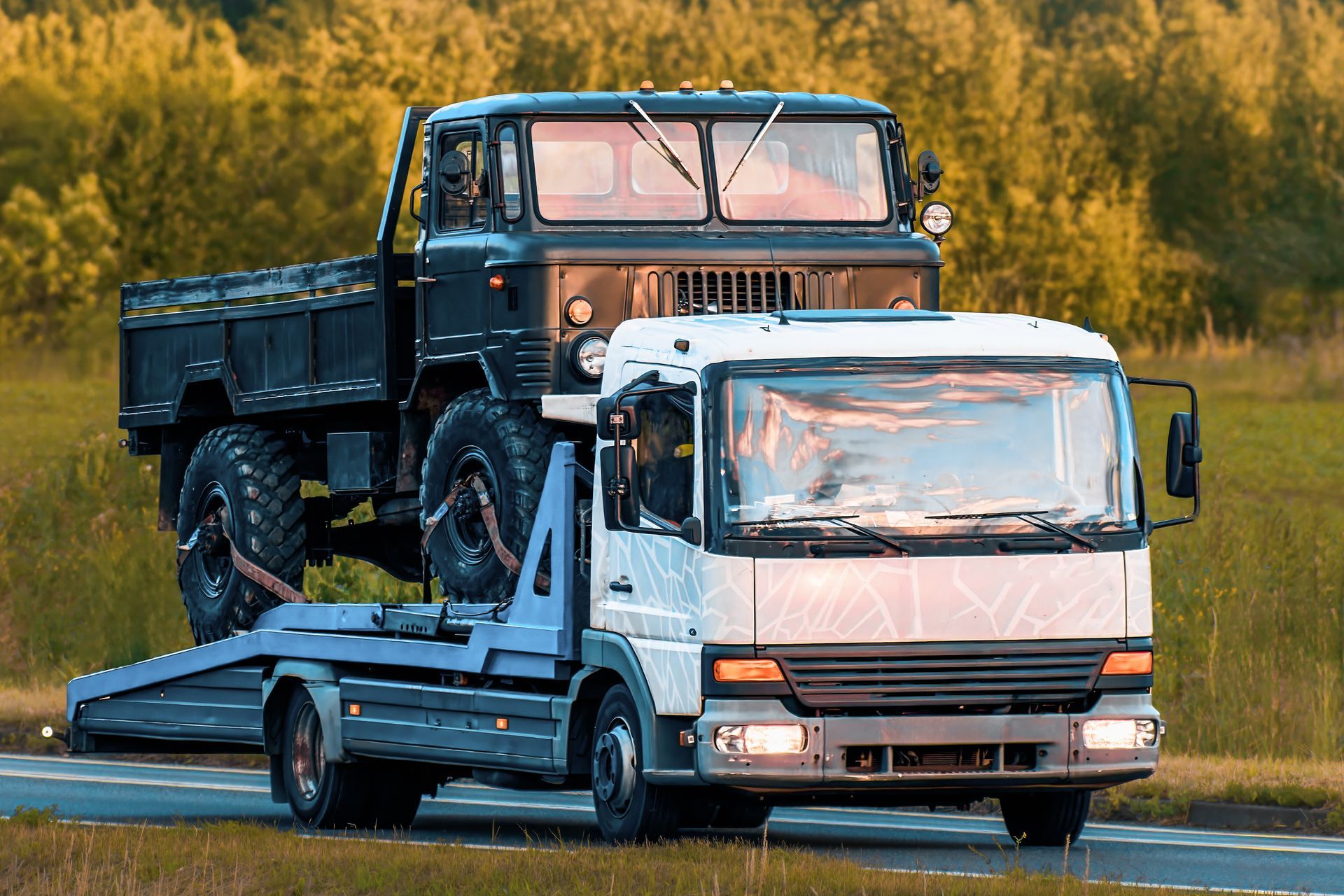 Flatbed transport with forest background scenery.