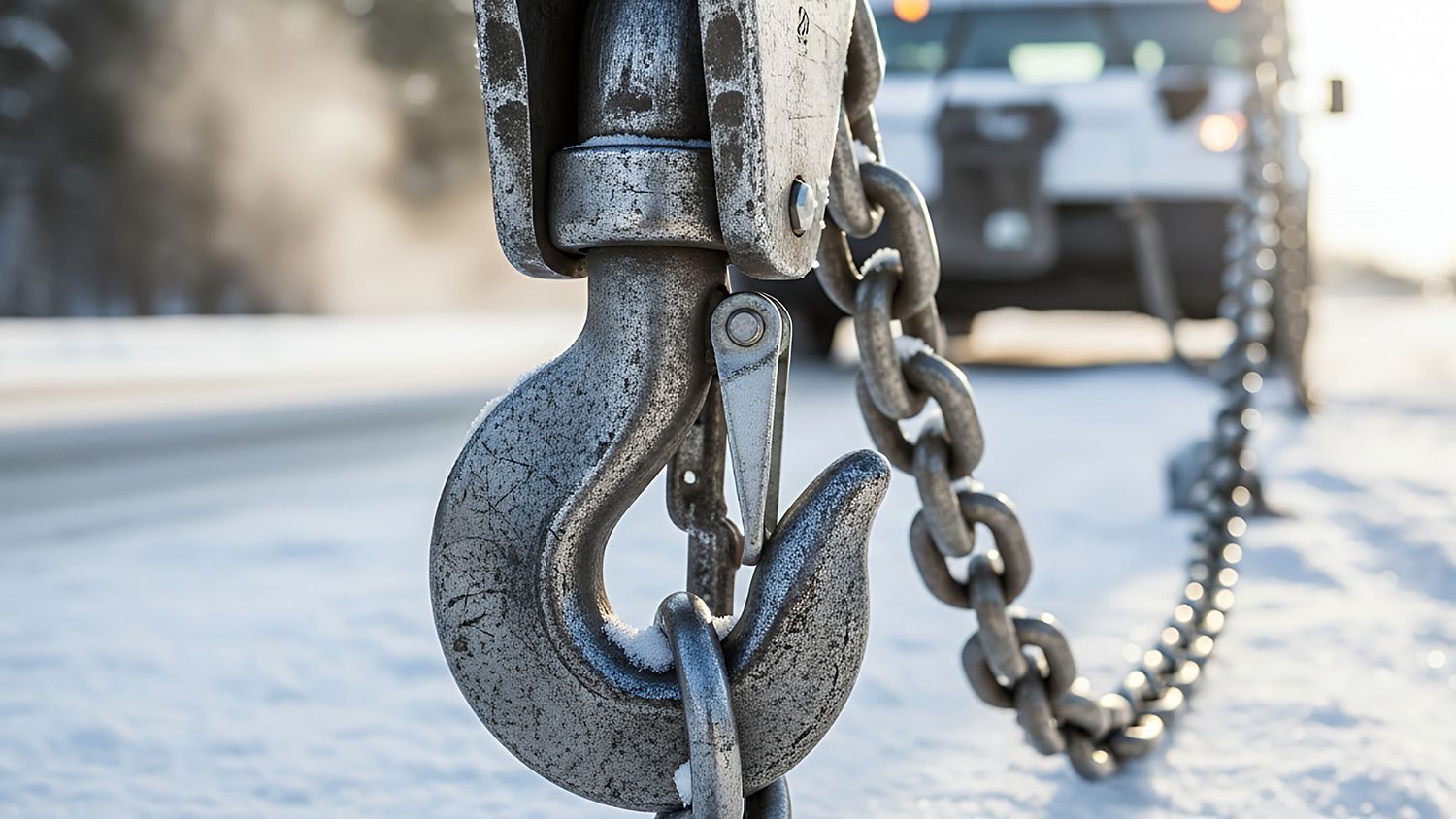 Close-up of a steel towing hook and chain assembly ready for heavy machinery towing. Close-up of a steel towing hook and chain assembly ready for heavy machinery towing.