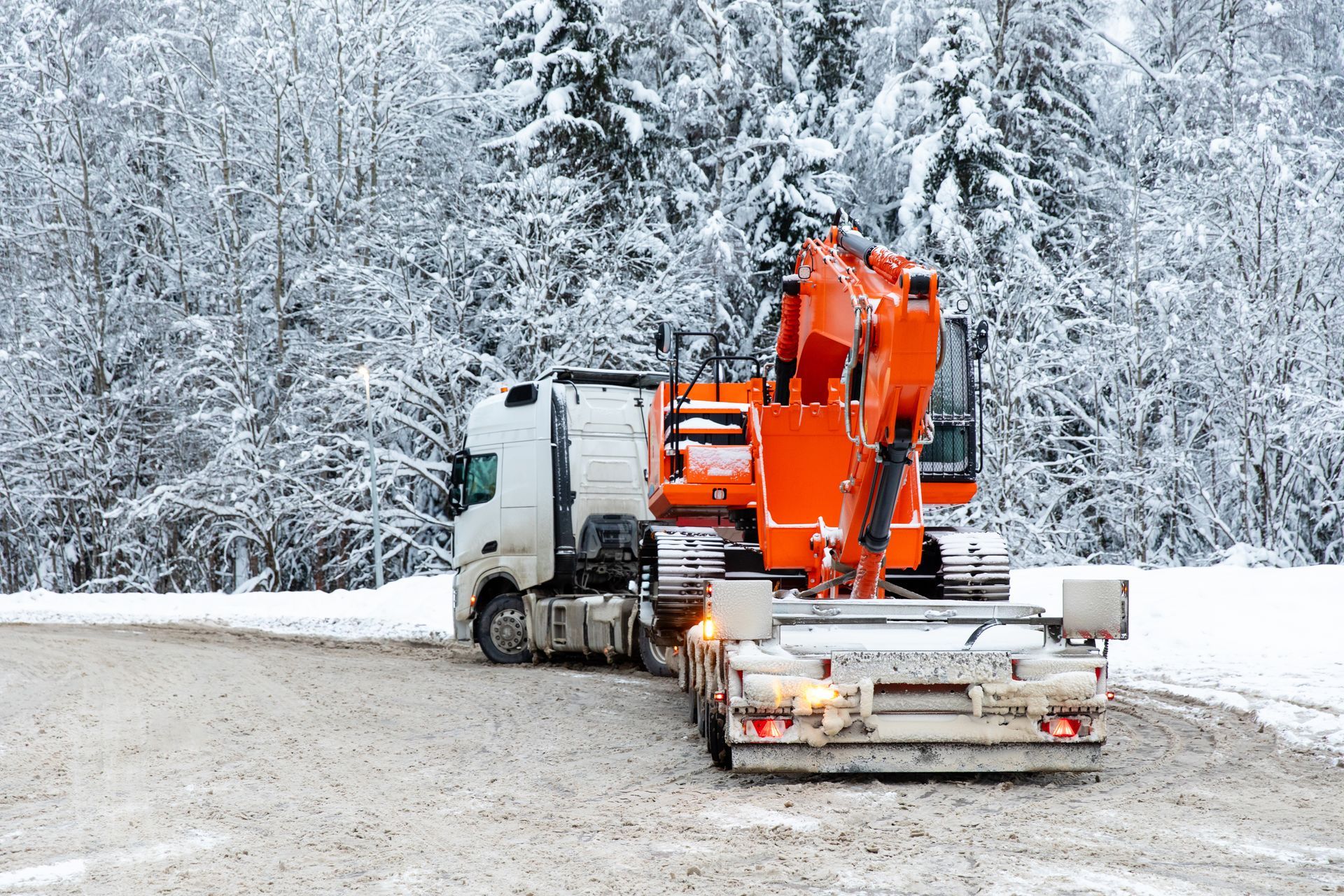 Rear view tow truck with excavator parked in winter on snowy trees background