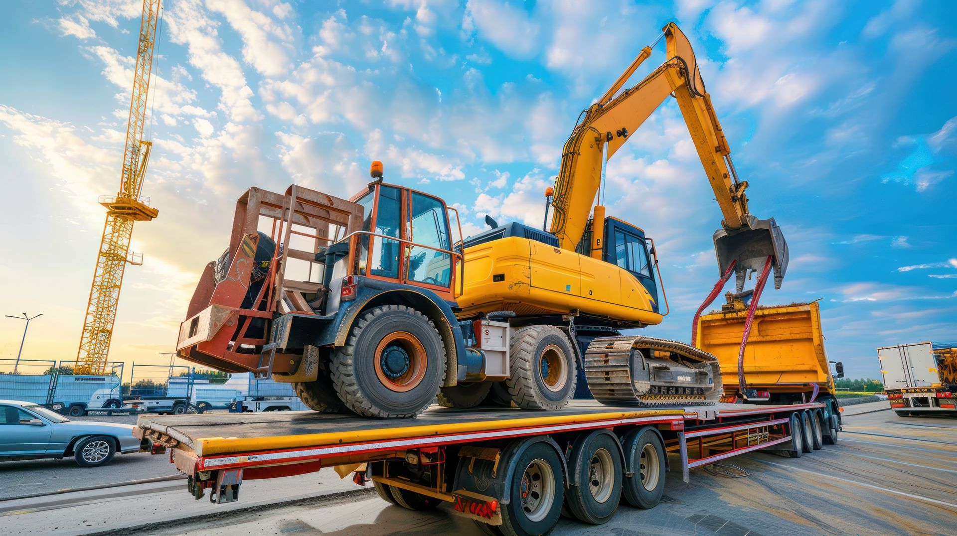 Two yellow backhoe loaders secured on a flatbed trailer being hauled by a white semi-truck.