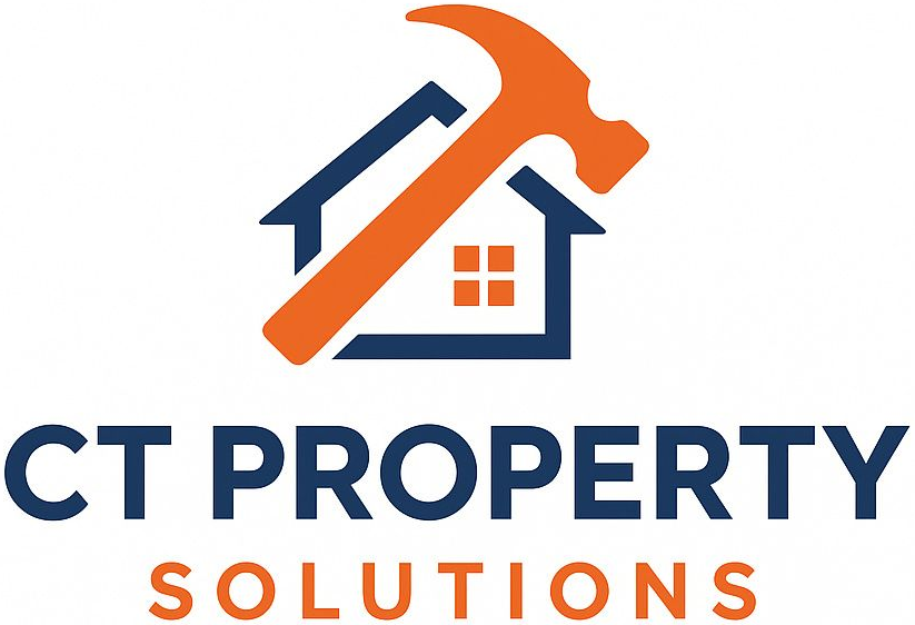 Logo: a blue house with an orange hammer,