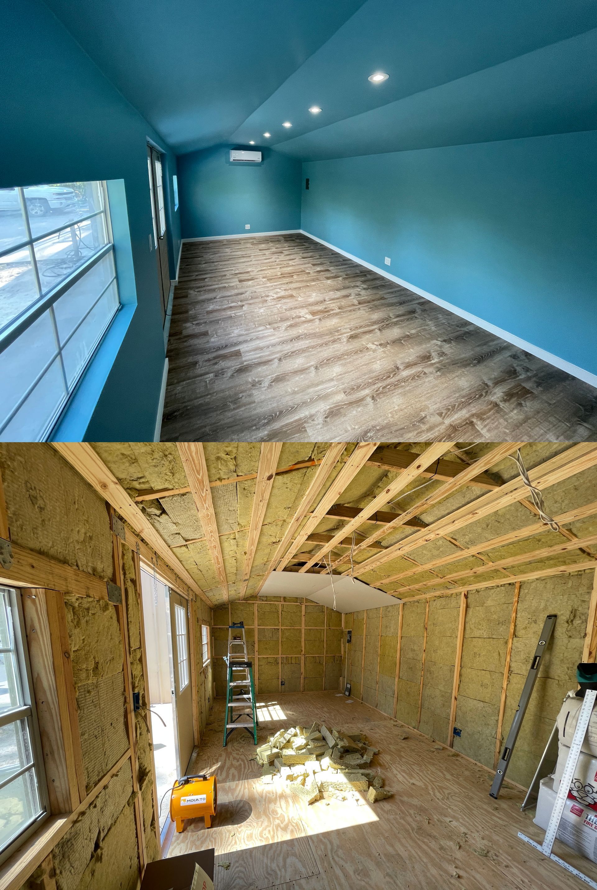 Top: Teal-painted room with wood floor. Bottom: Room under construction, showing insulation and wood framing.