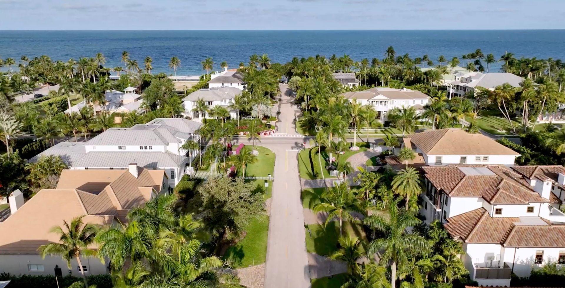 Aerial view of upscale coastal homes and palm trees, leading to the ocean.