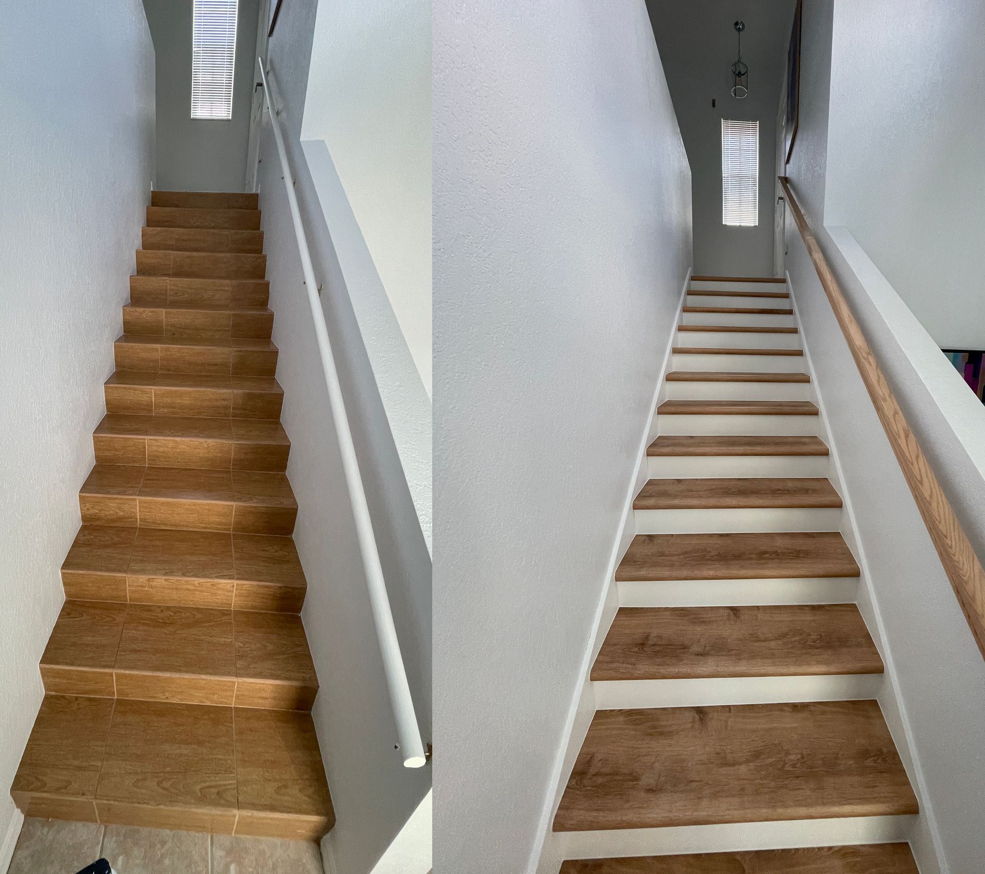 Two staircases: one with brown tiled steps, the other with wood steps and white risers, both with handrails.