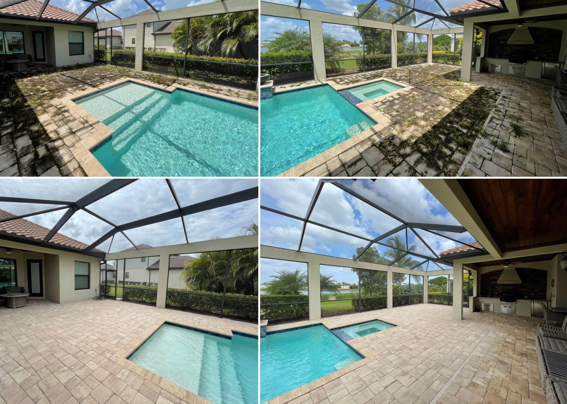 Four views of a screened-in backyard pool area with a spa, patio, and surrounding landscaping.