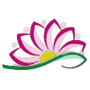 Logo con fiore di loto rosa e foglie verdi su sfondo bianco