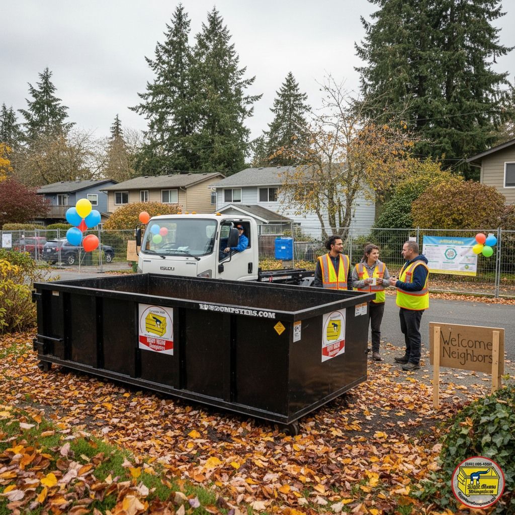 Right Meow Dumpsters roll-off dumpster placed in a residential neighborhood with workers