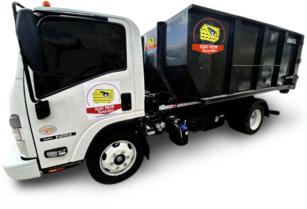 Right Meow Dumpsters truck for reliable roll-off dumpster delivery and waste removal services