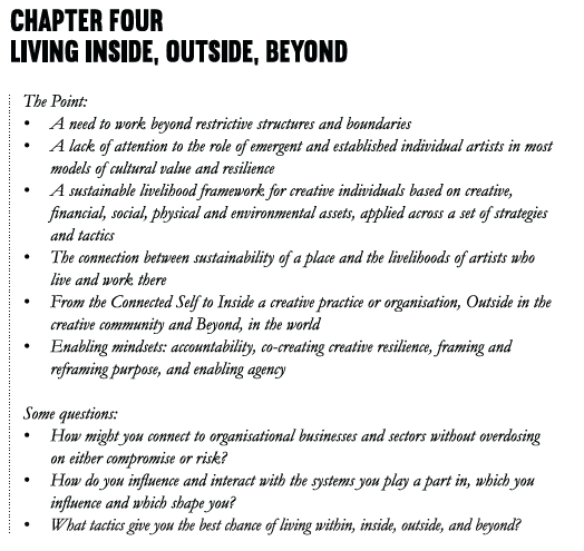 Chapter Four Living inside, outside, beyond The Point: • A need to work beyond restrictive structures and boundaries • A lack of attention to the role of emergent and established individual artists in most models of cultural value and resilience • A sustainable livelihood framework for creative individuals based on creative, financial, social, physical and environmental assets, applied across a set of strategies and tactics • The connection between sustainability of a place and the livelihoods of artists who live and work there • From the Connected Self to Inside a creative practice or organisation, Outside in the creative community and Beyond, in the world • Enabling mindsets: accountability, co-creating creative resilience, framing and reframing purpose, and enabling agency Some questions: • How might you connect to organisational businesses and sectors without overdosing on either compromise or risk? • How do you influence and interact with the systems you play a part in, which you influence and which shape you? • What tactics give you the best chance of living within , inside , outside, and beyond?
