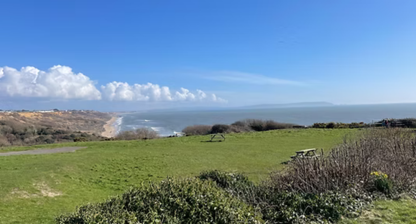 A view of the ocean from a cliff overlooking a grassy field.