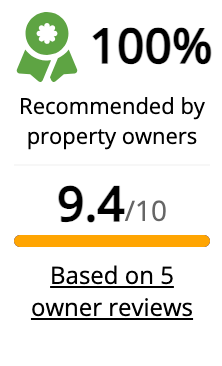 A sign that says `` 100 % recommended by property owners based on 5 owner reviews ''.