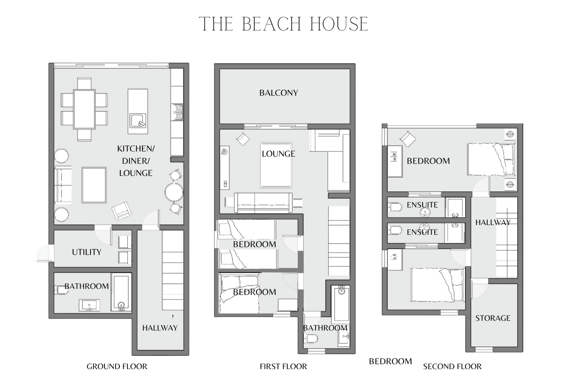 A black and white floor plan of a beach house.