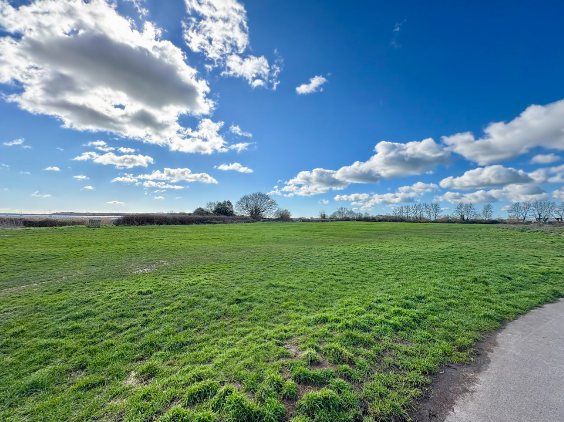 A grassy field with a road going through it and a blue sky with clouds.