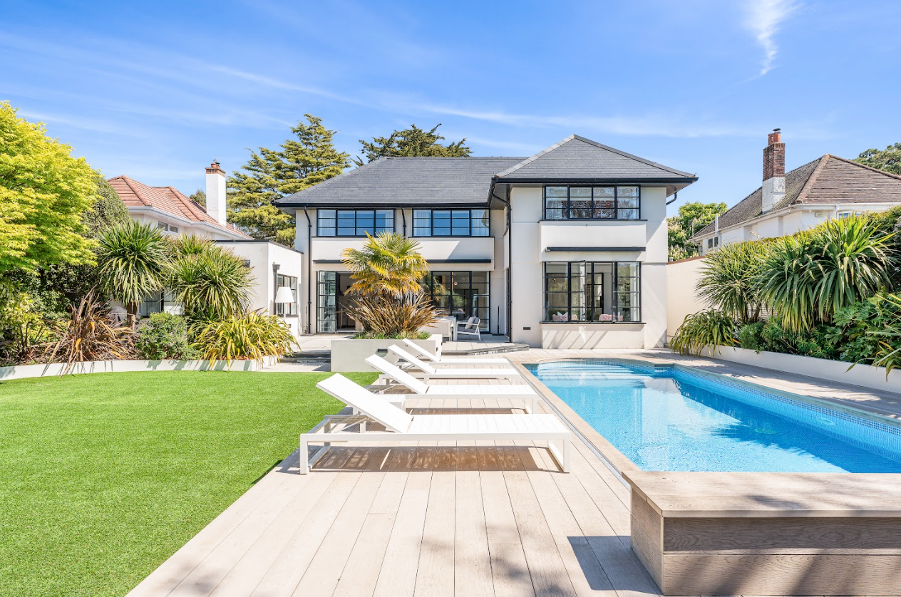 A large house with a large swimming pool in the backyard.