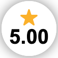 A white circle with the number 5.00 and a yellow star.