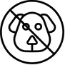 A black and white icon of a dog with a cross through it.