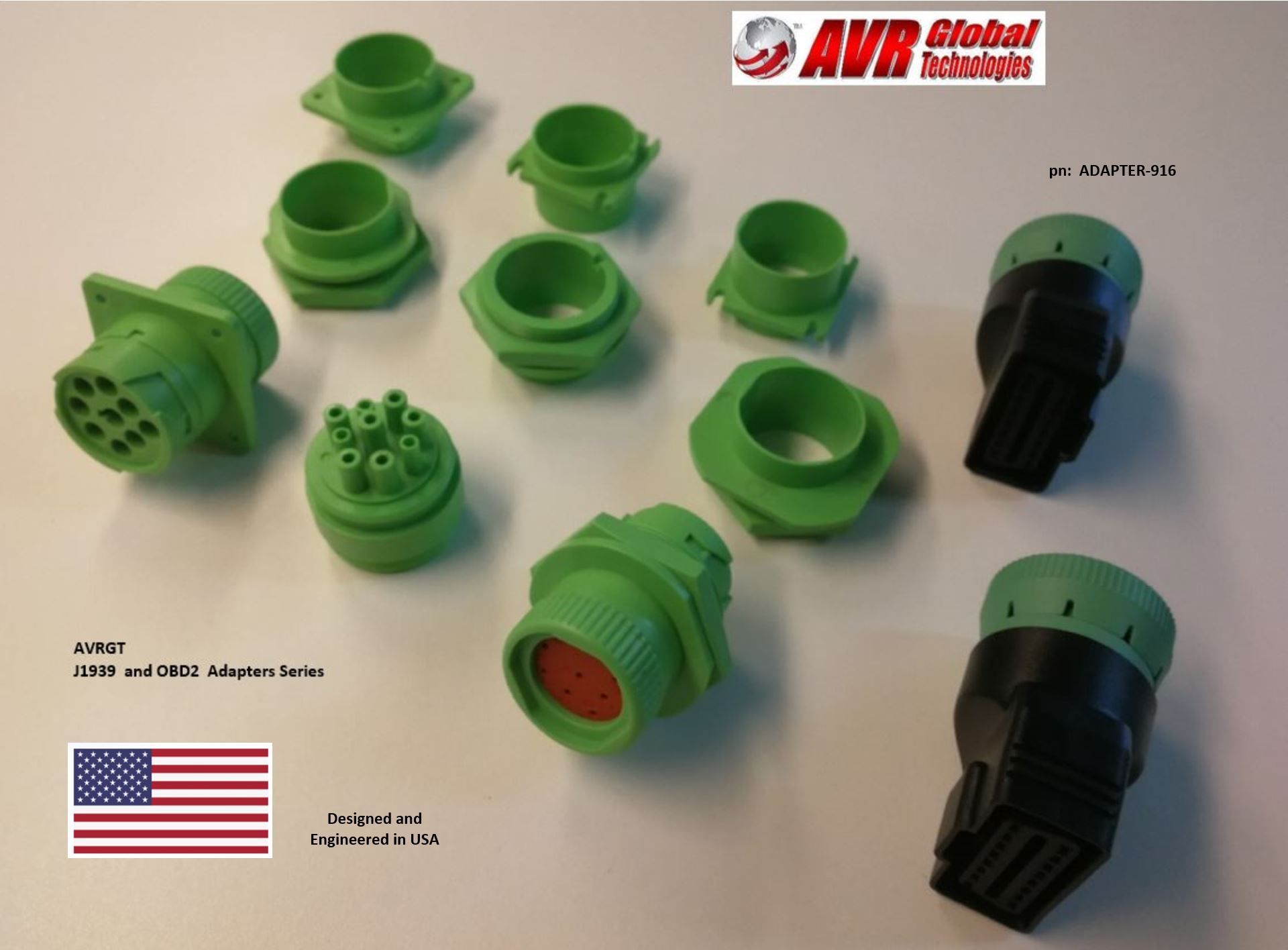 A bunch of green connectors are on a table with an american flag in the corner
