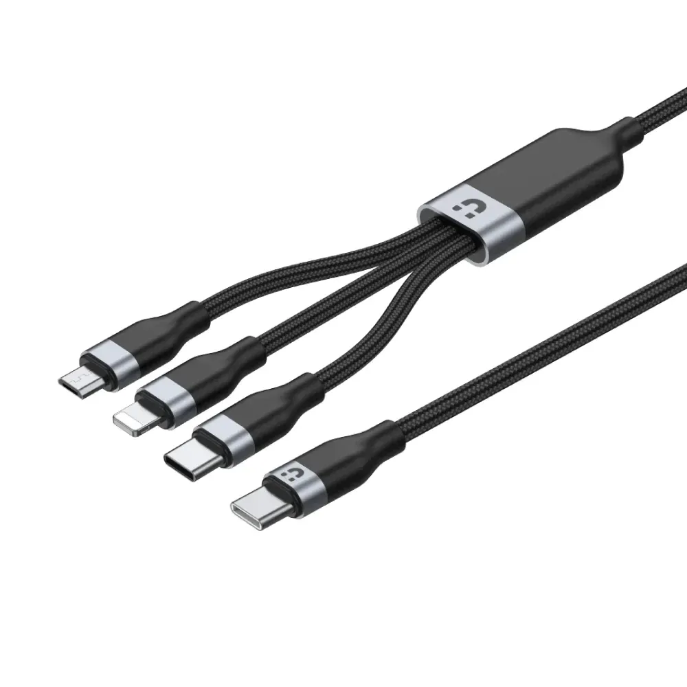 A charging cable with three connectors on a white background.