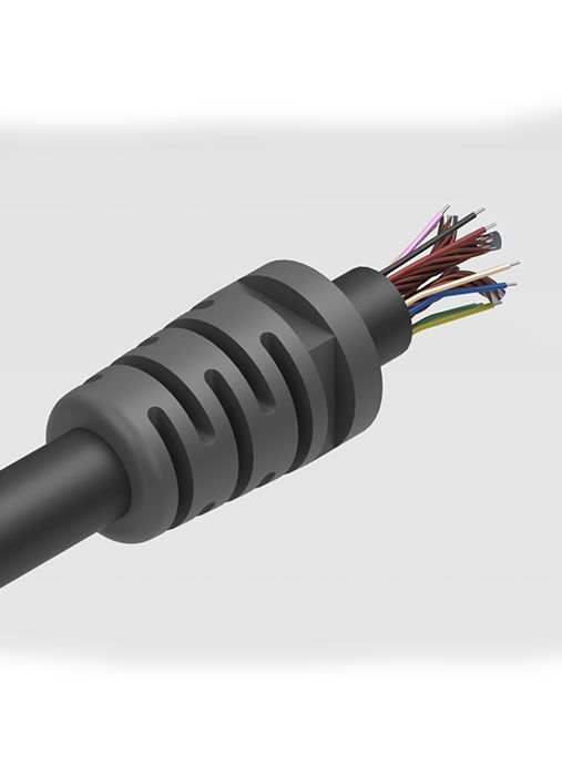 A close up of a black cable with a bunch of wires coming out of it.