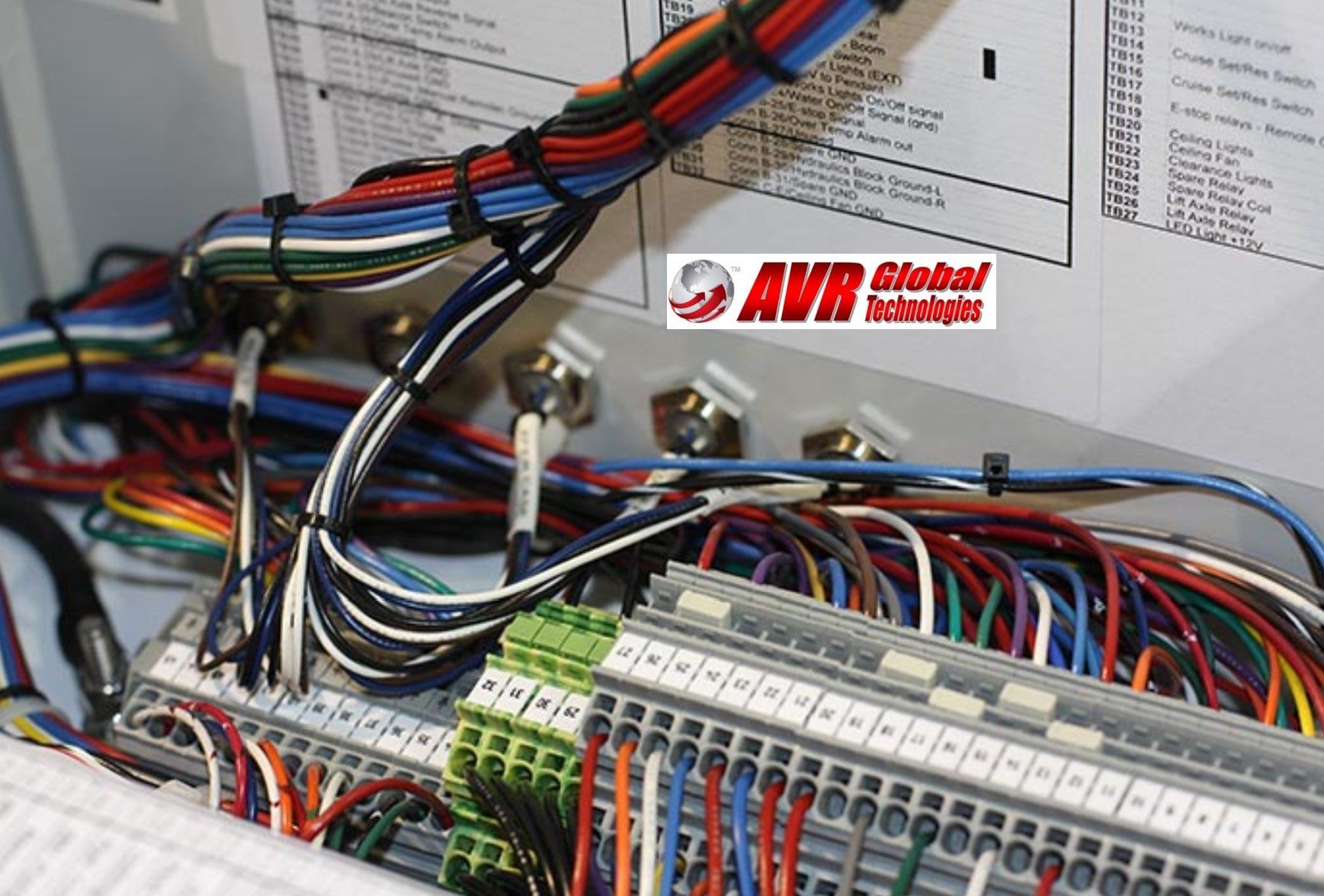 A bunch of wires are connected to a box that says avr global technology