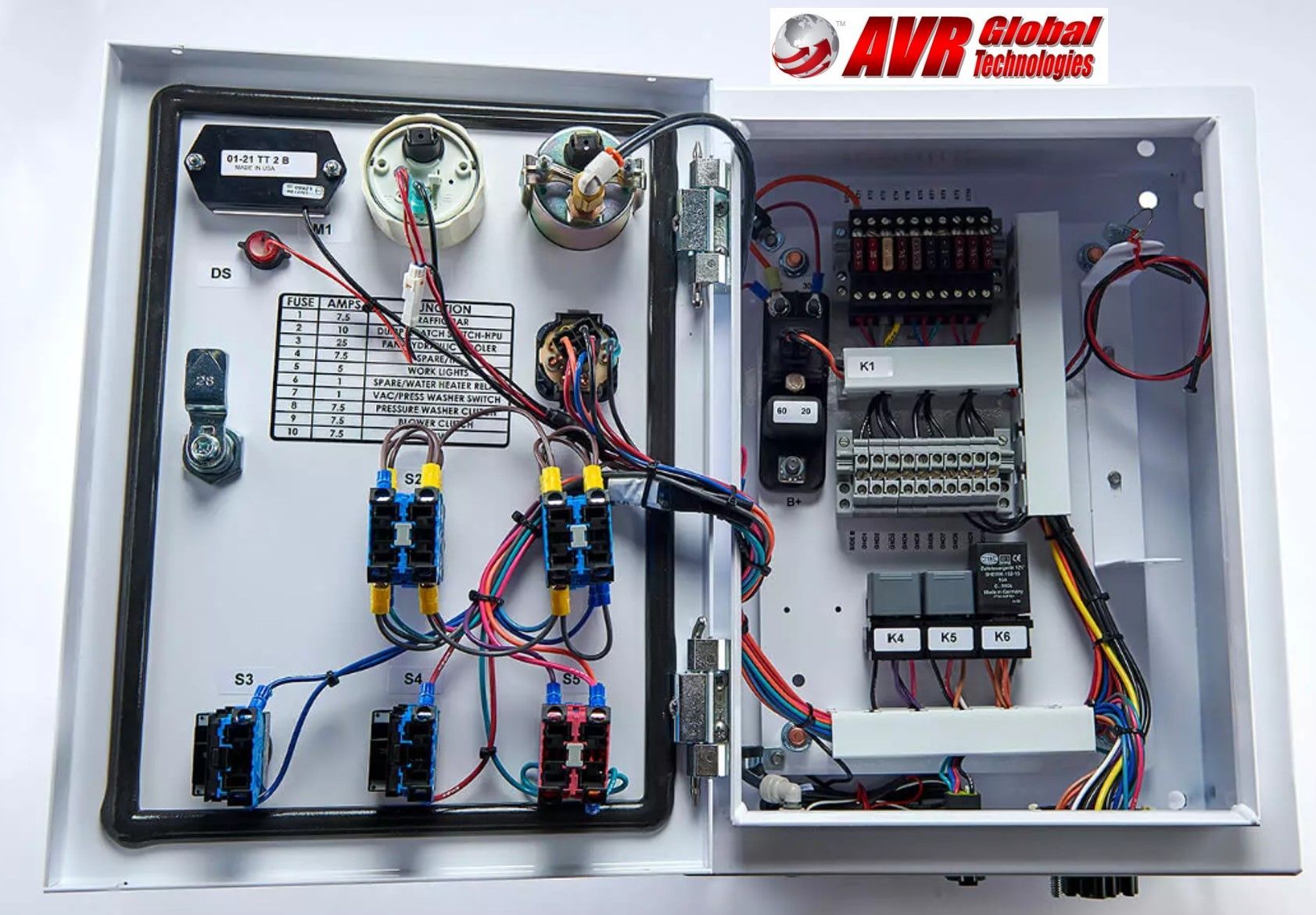 The inside of an avr global warnings electrical box